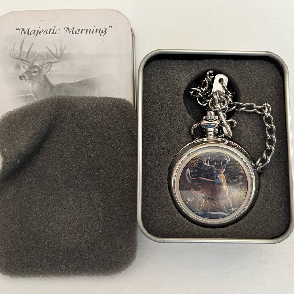 Avon “Majestic Morning” Al Agnew Deer Buck Pocket Watch Never Used in Tin Box